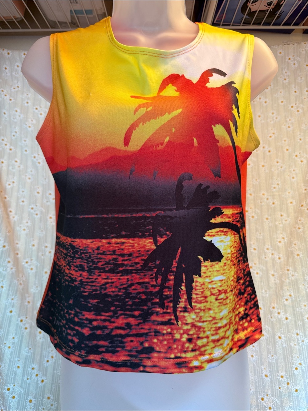 Tropical Sunset Palm Print Sleeveless Top - Yellow Orange Red